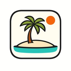 A minimalist flat design icon featuring a single palm tree on a small sandy island under a bright orange sun.
