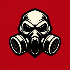 A striking graphic illustration features a stylized gas mask with a menacing, skull-like appearance, rendered in stark black and white against a vibrant red background.