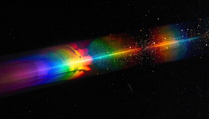 Cosmic rainbow streak bursts across black, with scattered light particles