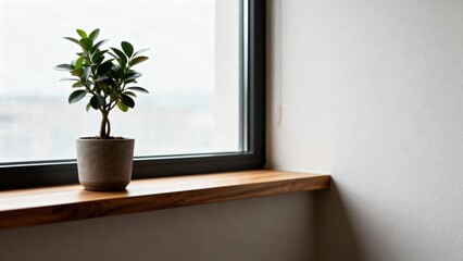 Potted indoor plant with lush green leaves sits on a wooden windowsill, illuminated by natural light streaming through the large window, creating a serene and calming atmosphere in the room