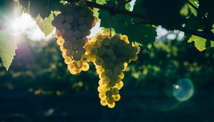 Golden hour glow illuminates vibrant green grapes ripening on the vine in a picturesque vineyard setting