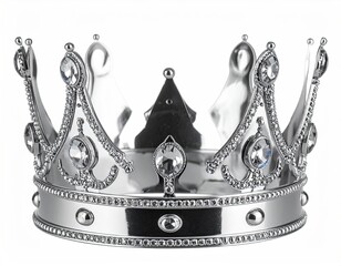 Silver crown with jewels and intricate detail on white background