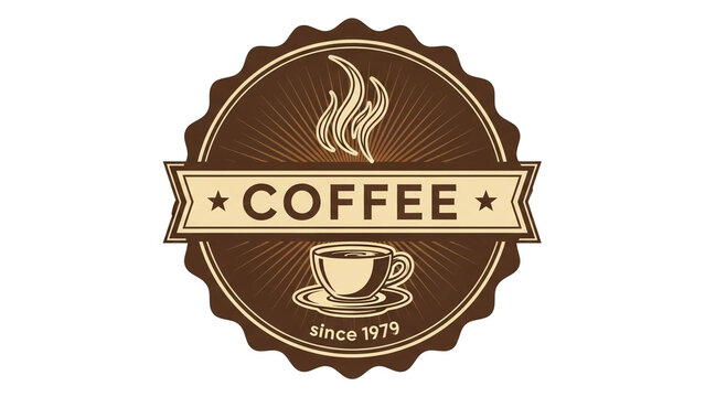 Vintage coffee badge with steaming cup since 1979