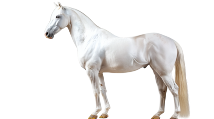 Majestic white horse in a standing pose isolated on a white background