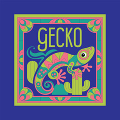 Fototapeta premium Colorful Gecko Folk Art Illustration