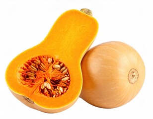 A whole and halved orange squash, isolated on white