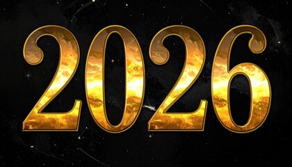 Golden year number "2026" with fire effect on black nebula background