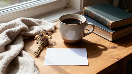 Cozy scene featuring a steaming cup of coffee beside a blank postcard, dried flowers, and stacked books on a wooden table, illuminated by natural light from a nearby window, creating a warm atmosphere