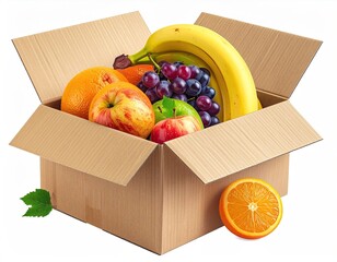 A cardboard box filled with an assortment of fresh, colorful fruits