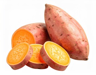 Several sweet potatoes, some sliced, sit against a white backdrop