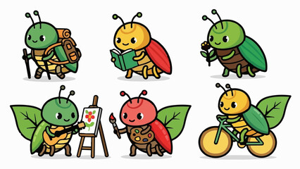 Obraz premium Six charming cartoon insects engaged in various hobbies like hiking, reading, and cycling