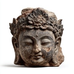 a stone sculpture of a serene buddha head adorned with a flower crown