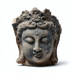 a stone sculpture of a serene buddha head adorned with a flower crown