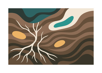 Abstract Earthy Connections. Earthy textures. Swirling soil-like shapes forming soft patterns; abstract roots connecting layers. Bright accents marking