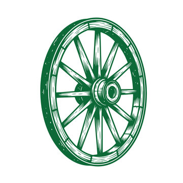 green wooden wagon wheel with spokes on white background