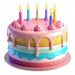 A colorful layered cake with candles and frosting on a white backdrop