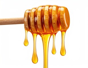 Close-up of a wooden honey dipper with dripping golden liquid