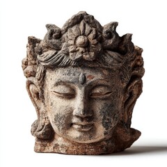 a stone sculpture of a serene buddha head adorned with a flower crown