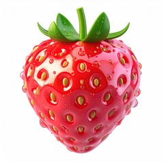 Bright red, perfectly rendered strawberry with green leaves and water droplets