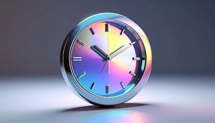 Shiny, metallic clock with rainbow face, showing time on a light surface