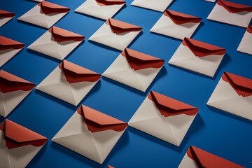 Envelopes with open red flaps arranged on a blue surface, representing global communication