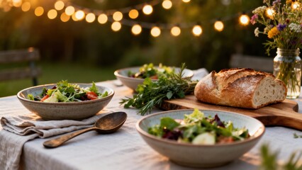Beautiful outdoor dining scene with bowls of fresh salads, rustic bread on a wooden board, twinkling lights in the background, and lush greenery, creating a cozy and inviting ambiance for gatherings