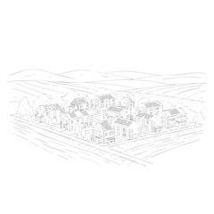 Fototapeta premium Sketch of small town in rural landscape village panorama.