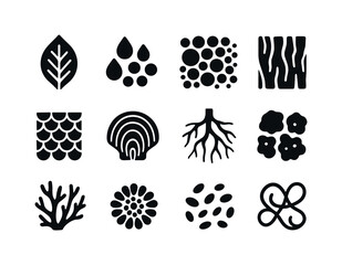 Fototapeta premium Organic Pattern Icons. Organic patterns. Solid icon set of organic patterns: leaf print, water drop cluster, bubble pattern, bark texture, scale pattern, shell