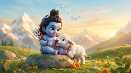 Baby Shiva with calf in a grassy meadow with mountains child god Hindu deity
