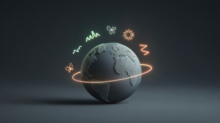 Minimalist 3D render of a sleek, matte-finished Earth icon. A single, subtle vibration ring emanates from the North Pole. 