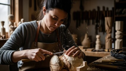 Craftswoman Carving Wood in Workshop Woodworking Wood Sculpture Artisan. Concept featuring woodworking, craftswoman, carving, wood sculpture, artisan.