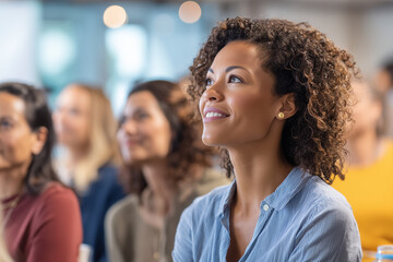 Close up of a diverse Group of people attend corporate event. Female Audience watches projection screen with sustainability presentation . Professionals learn in classroom setting. Teamwork, education