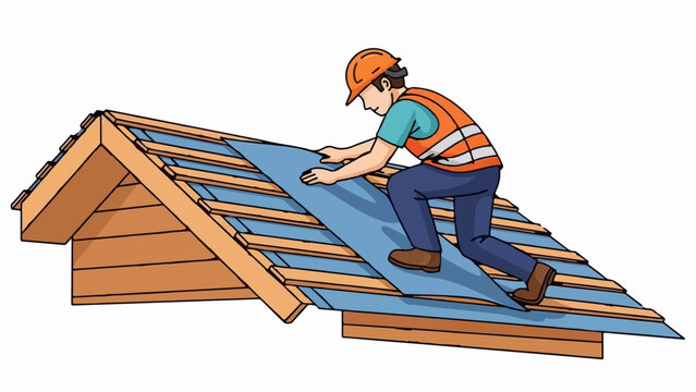 Worker installing roofing material on a wooden house structure