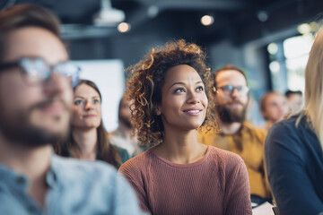 Close up of a diverse Group of people attend corporate event. Female Audience watches projection screen with sustainability presentation . Professionals learn in classroom setting. Teamwork, education