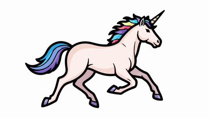 Obraz premium A cartoon unicorn with a spiraled horn, trotting with colorful mane and tail