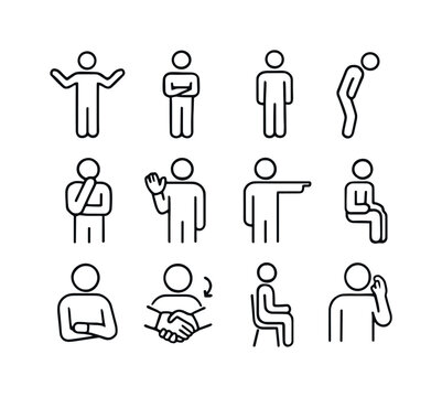 Body Language Icons. Body language. Line icon set of Body language: open arms, crossed arms, standing posture, leaning forward, thinking pose, waving hand,