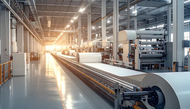 Modern Paper Manufacturing Facility With Rolls Of White Paper Moving Through Industrial Machinery Under Warm Sunlight