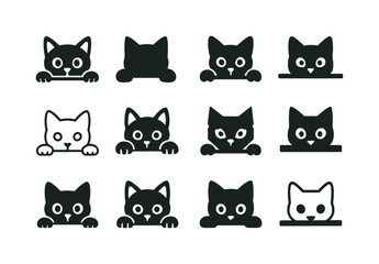 Obraz premium Curiosity Cat Logos. Curiosity. Icon set. Set Logo of Curiosity: cat peeking over a ledge. harmonious logo variations of the same emblematic concept, each with