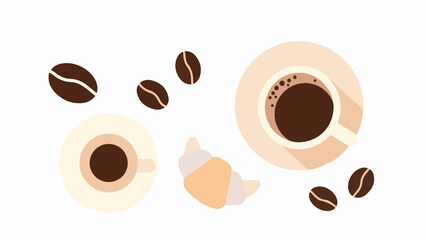 Obraz premium Two cups of coffee, a croissant, and coffee beans arranged on a white background