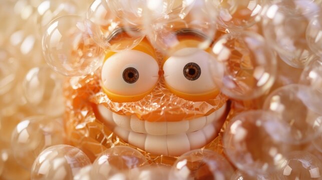A mock package design featuring bubble wrap with a silly face and the tagline Pop me for fu