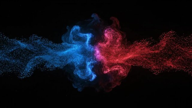 Dynamic collision of vibrant red and blue particle streams creating a dramatic burst of energy and contrasting light on a dark background, symbolizing opposing forces