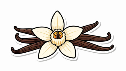 A stylized illustration of a pale yellow vanilla flower with dark brown pods