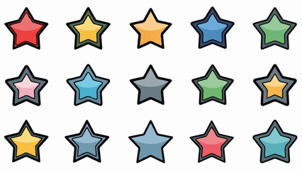 A grid of fifteen colorful, stylized stars with thick black outlines and grey inner borders