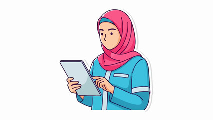 A person in a pink hijab and blue outfit uses a tablet device