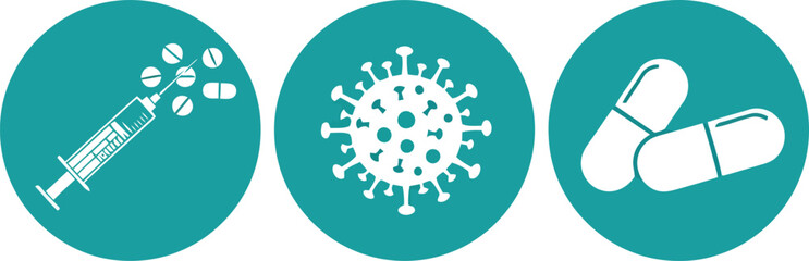 Healthcare icons syringe virus cells and pills for medical and science research concepts vector