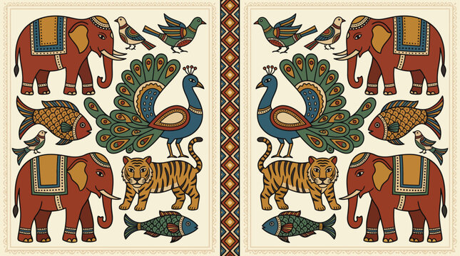 Traditional Indian Folk Art with Elephants Peacocks Tigers Birds and Fish.