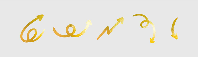  Golden arrow icon set on glossy foil background. Shiny metallic chevron signs with luxury glitter effect. Vector graphic design elements for business direction concepts.