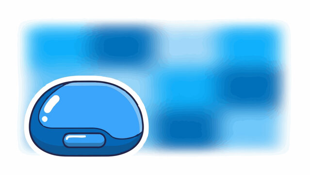 A blue, glossy blob-like shape with a white outline rests on a background of blurred blue squares