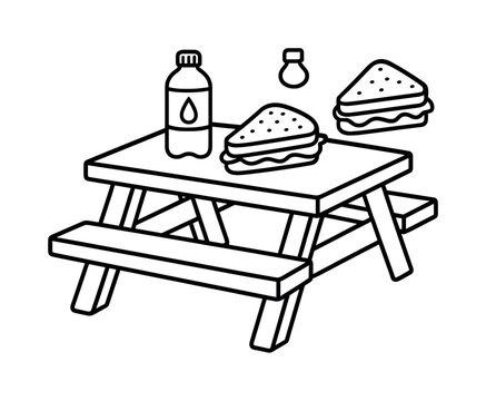Picnic Bench Coloring. Simple bench setup children?s coloring book illustration, outlined drawing, a picnic bench with water bottle and sandwich icons to show