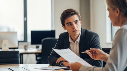 Obraz premium Business Meeting Discussion Professional Office Young Man. Concept featuring business meeting, professional, office, discussion, young man.